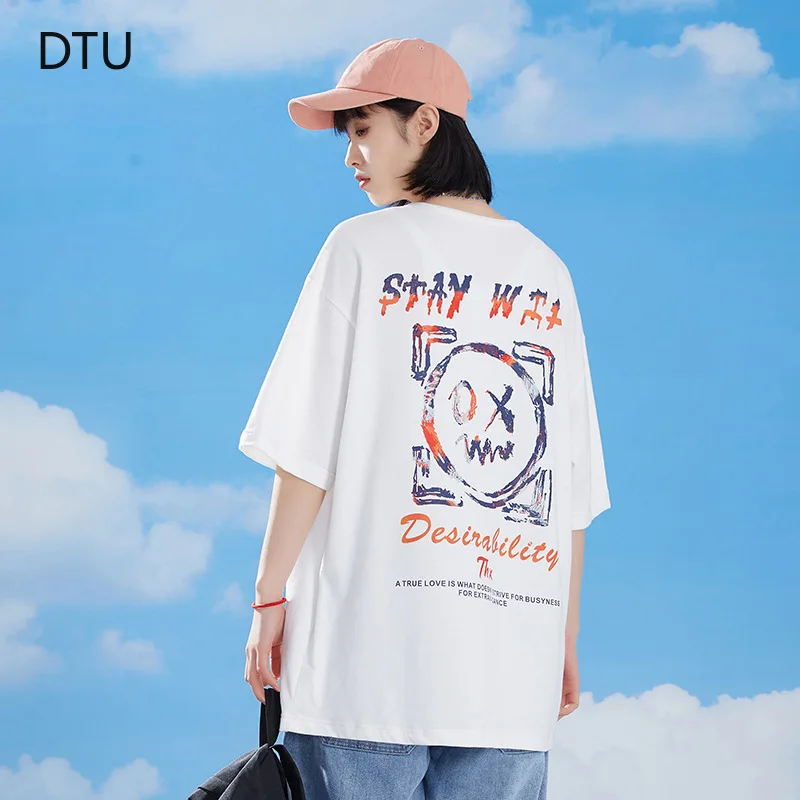 

2022 Spring Summer New Trend Short-sleeved T-shirt Women Ins Style Smiley Print Couple T-shirt