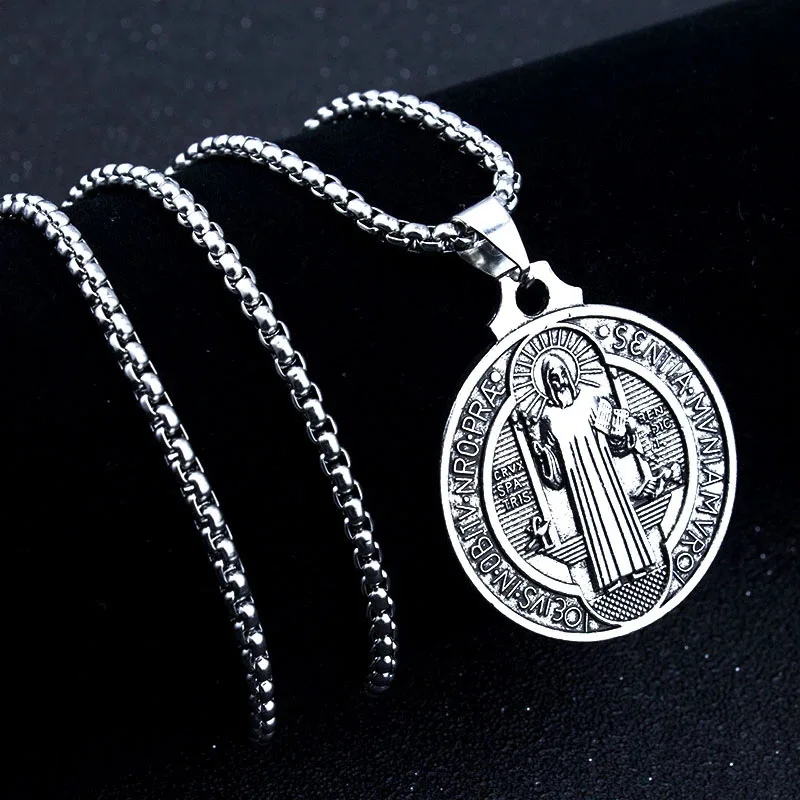

Catholic Saint Benedict Medallion Pendant Necklace Stainles Steel San Benito Collares Choker Necklaces Creativity Gift Wholesale