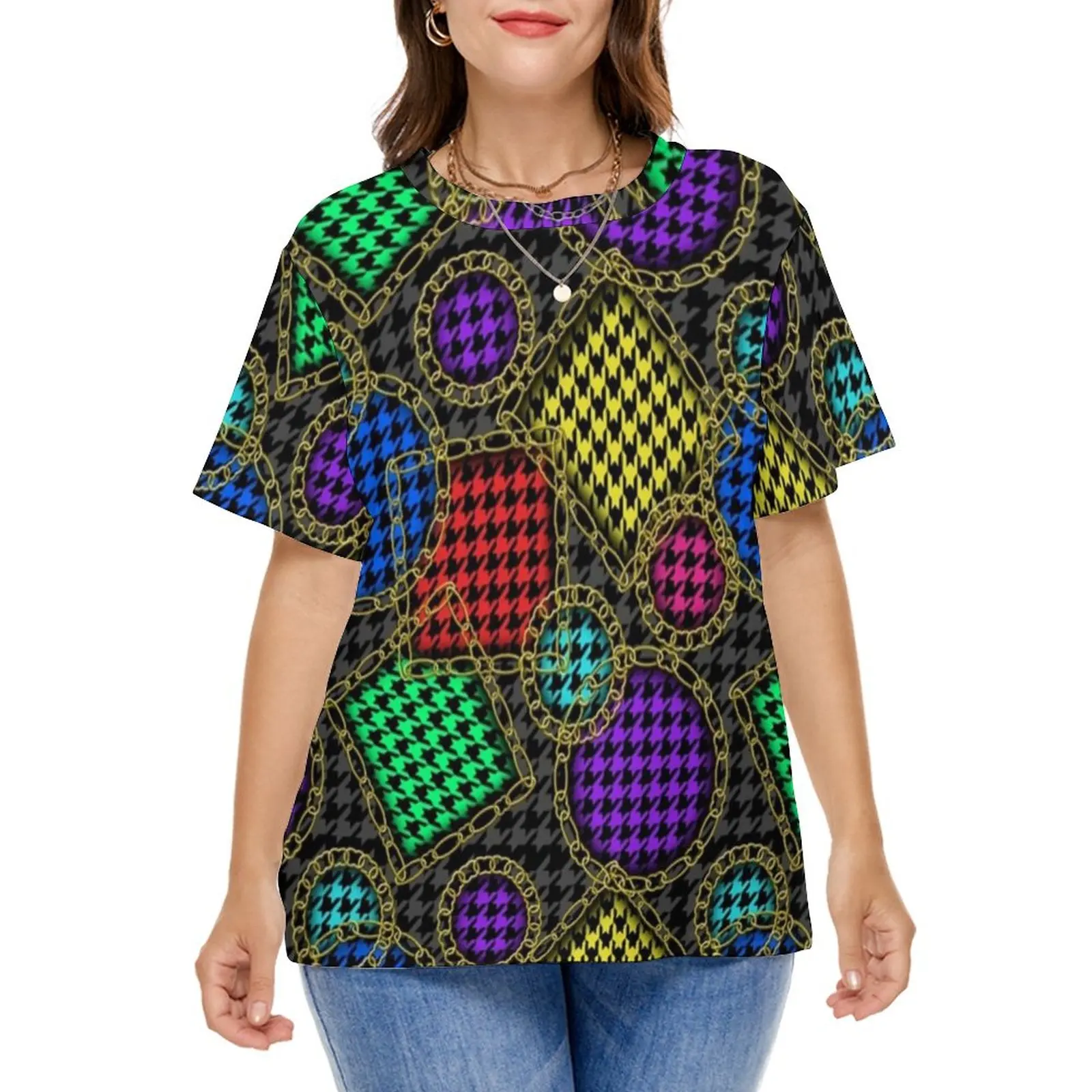 

Golden Chains Print T Shirt Colorful Houndstooth Elegant T Shirts Short Sleeve Graphic Tops Classic Clothing Plus Size 7XL 8XL