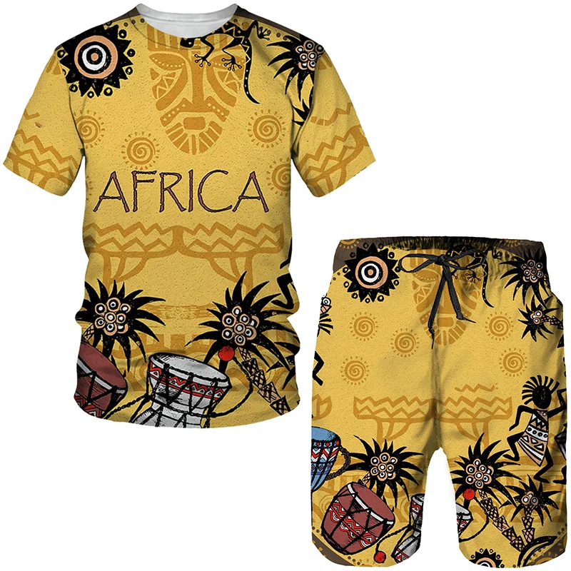 Men's Colorful African Folk-Custom 3D Print T-shirt Shorts 2pcs Suits Dashiki Ethnic Tracksuit Set for Men Sportwear Y2k Clothes