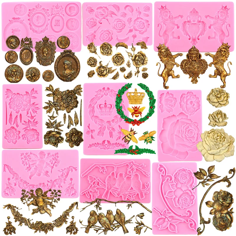 

Baroque Relief Cake Border Silicone Mold Lion Rose Birds Tree Branch Fondant Molds Angel Candy Chocolate Cake Decorating Tools