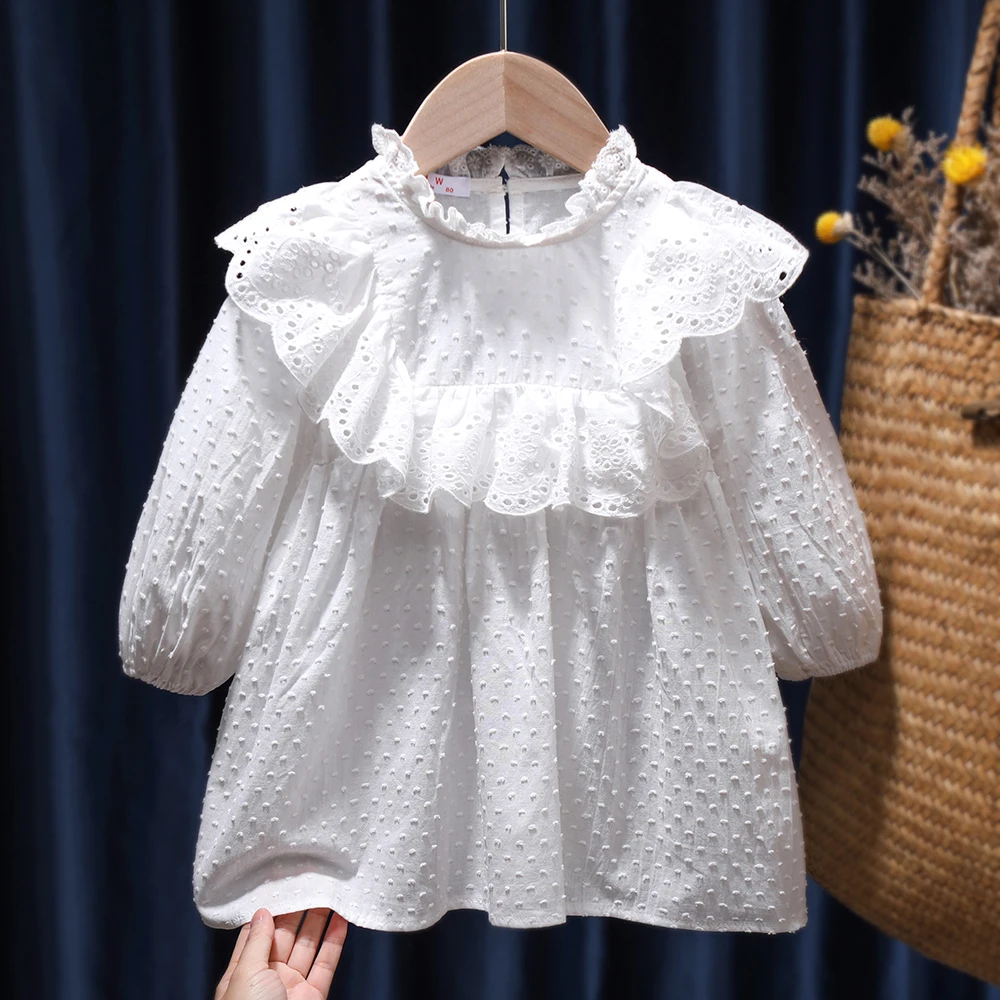

Детские платья для девочек, одежда с оборками и длинным рукавом на весну и осень, белые платья, милое платье принцессы в Корейском стиле с рукавами-фонариками
