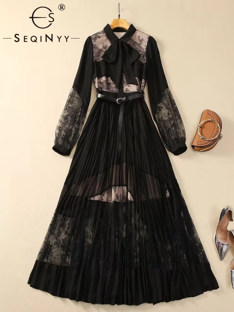 

Женское платье с бантом SEQINYY, летнее, весеннее, черное платье с кружевной сеткой, повседневный праздничный пояс