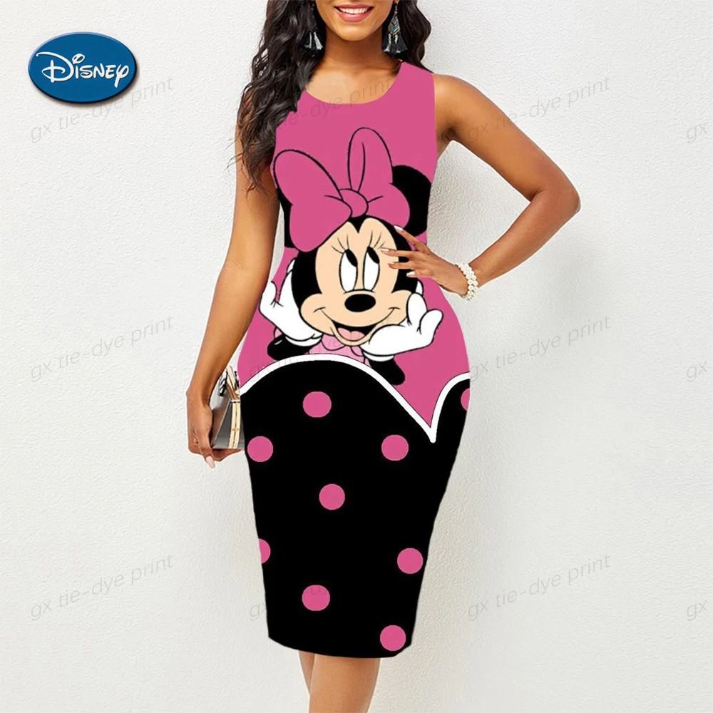Disney Minnie Mickey Mouse Women's Dress European And Us Summer New Women's Sexy Wrap Hip Round Neck Sleeveless Calf Dress