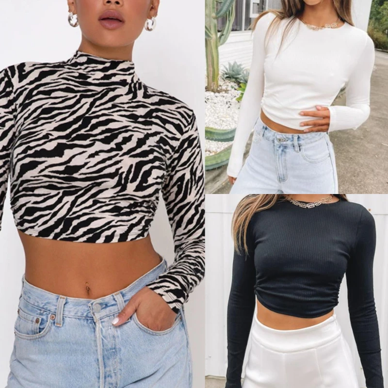 

Animal Zebra Print Backless Cropped T Shirt Women Sexy Long Sleeve T Shirt Ladies Fashion Backless Crop Tops Tees Streetwear