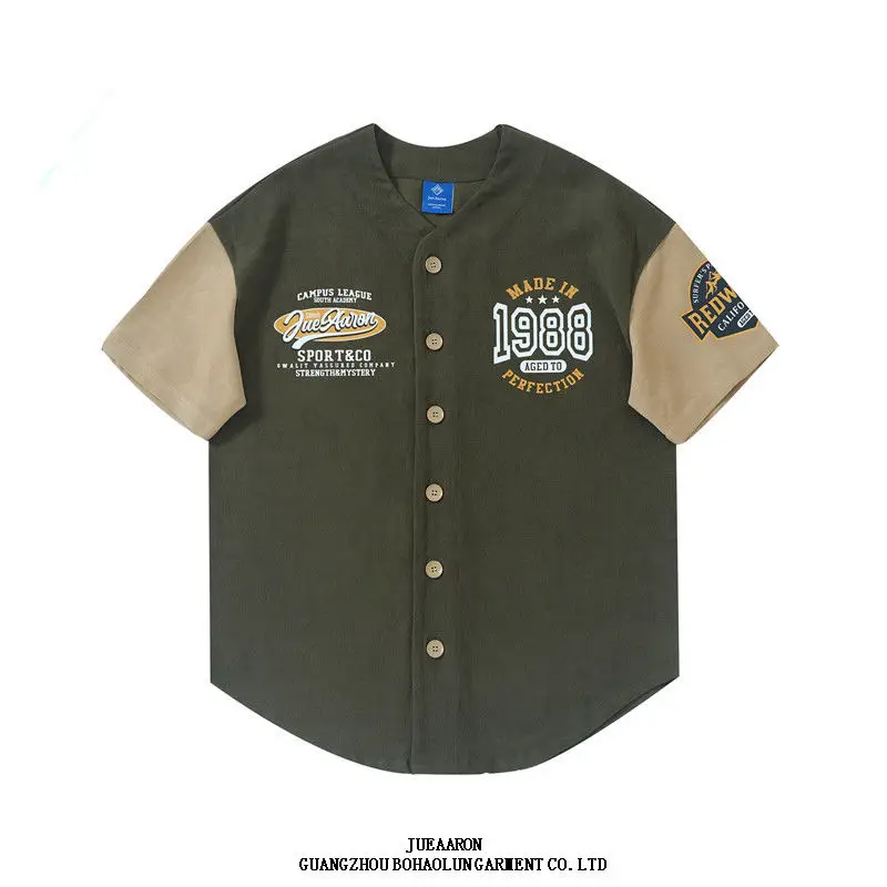 

Baseball Uniform Contrast Patchwork V Neck Button Up Shirt Teenager Short Sleeve Hip Hop Brand Ins Summer Oversized Blouse Tops