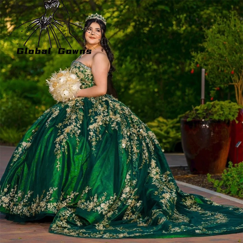 

Green Sweetheart Ball Gown Quinceanera Dresses For Girls Beaded Appliques Birthday Party Gowns Lace Up Back Graduation Prom Dres