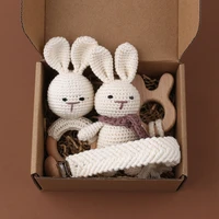 1 set diy crochet rabbit baby teether newborn bunny rattle toy wooden molar teething ring pacifier clips chain set baby stuff