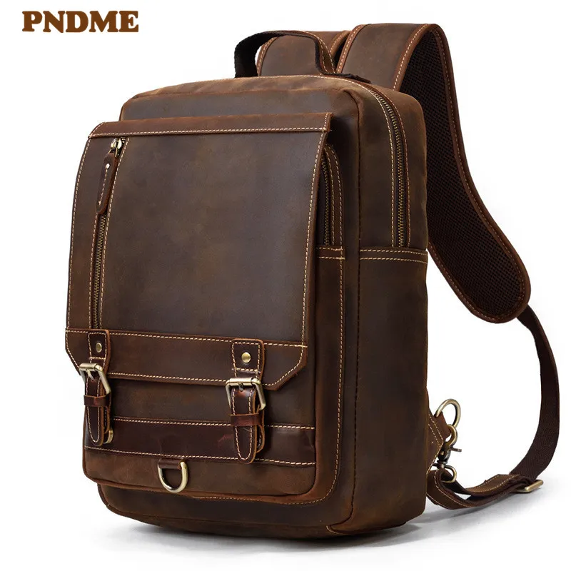 Retro genuine leather men's backpack student bookbag casual design natural crazy horse cowhide weekend travel clamshell bagpack