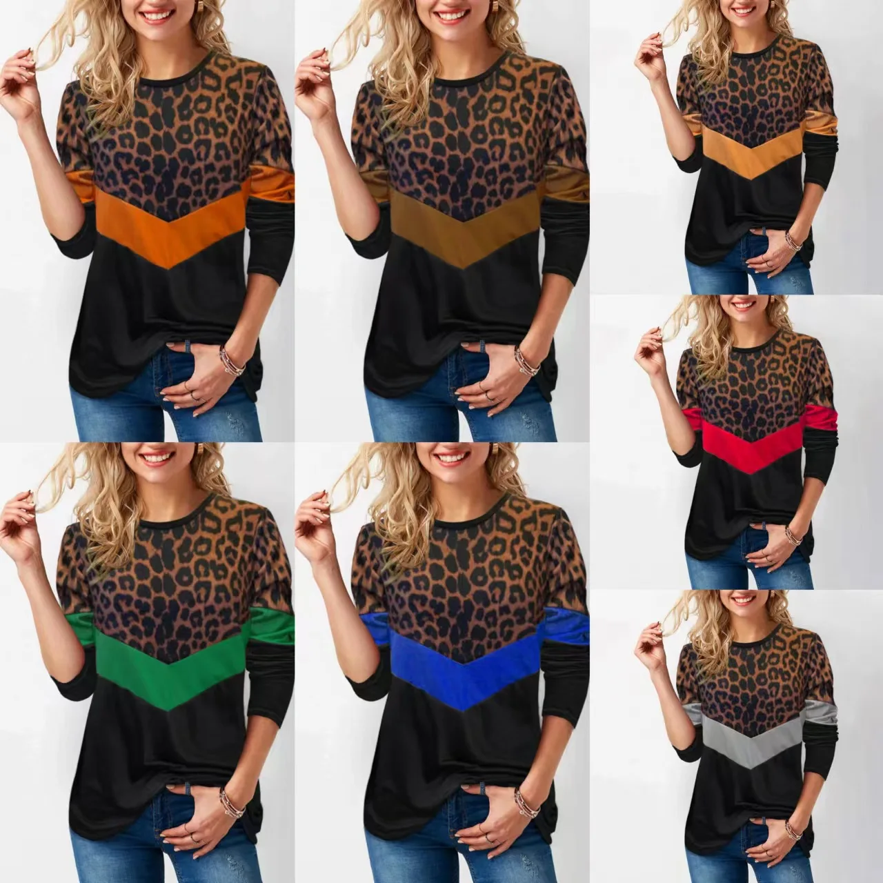

Autumn and Winter Women's Loose Leopard Print Long Sleeve Round Neck Tee Shirt Casual Elegant Fashion Oversize T-shirt Streewear