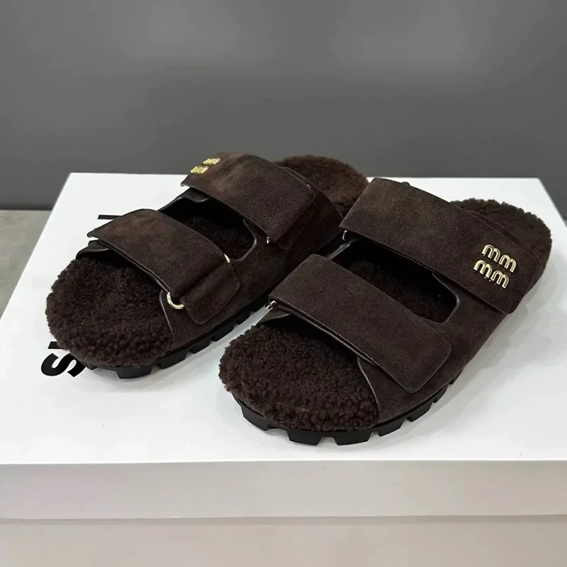 Женские замшевые меховые тапочки на плоской подошве повседневные туфли-лодочки