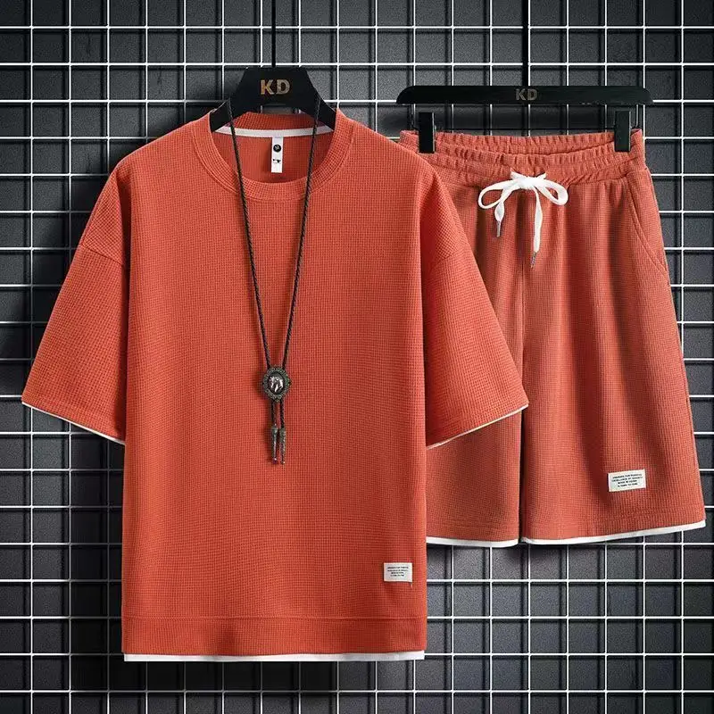 2023 New Waffle Casual Set Specially Designed for Men's Summer Youth Large Men's Sports Set Short T-shirt Paired with Shorts