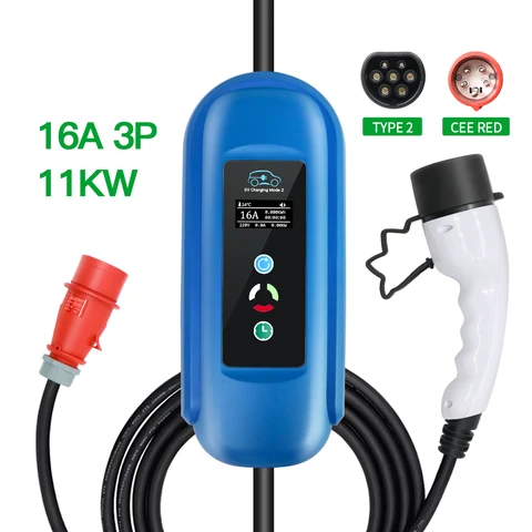 Автомобильное зарядное устройство Isigma, 11 кВт, тип 2, 1/3 фазы, 8a, 10A, 13a, 16A, регулируемый IEC 62196-2, CEE, красный, европейская вилка, 220 В ~ 450 в, задержка зарядки, 5 м в длину