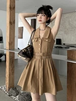 summer new harajuku style streetwear babes a line camisole dresses vintage halter sleeveless sweety belt pleated mini dresses