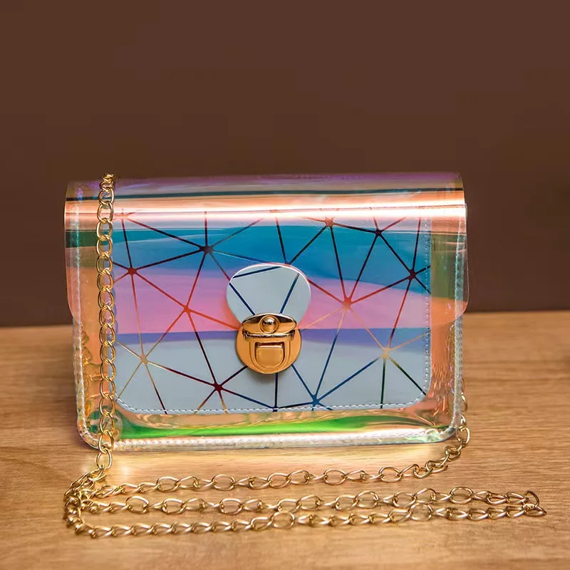 

Summer Women Mini Handbag Panelled Laser Transparent Jelly Lady Bag Geometric Casual Fashion Shoulder Crossbody Cell Phone Toto