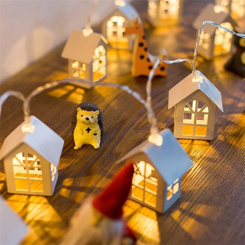 

DIY MiniWooden House String Lights Christmas Tree Hanging Ornaments Warm White House Shape Fairy Light Noel2022 Xmas Party Decor