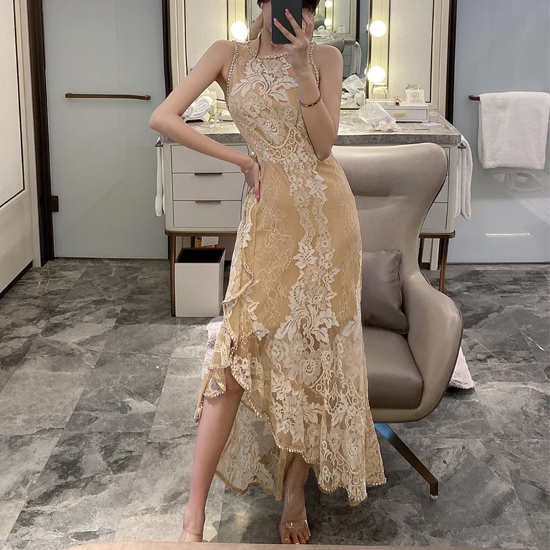 

A GIRLSVintage абрикосовое кружевное платье для женщин Бриллиантовая Вышивка без рукавов Кружевное Вечернее Платье макси Женская одежда элегант...