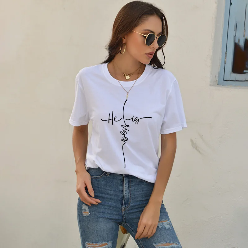 

YRYT New Women's Cotton Top Faith Cross He Is Risen Printed Loose Short Sleeve T-shirt Women's