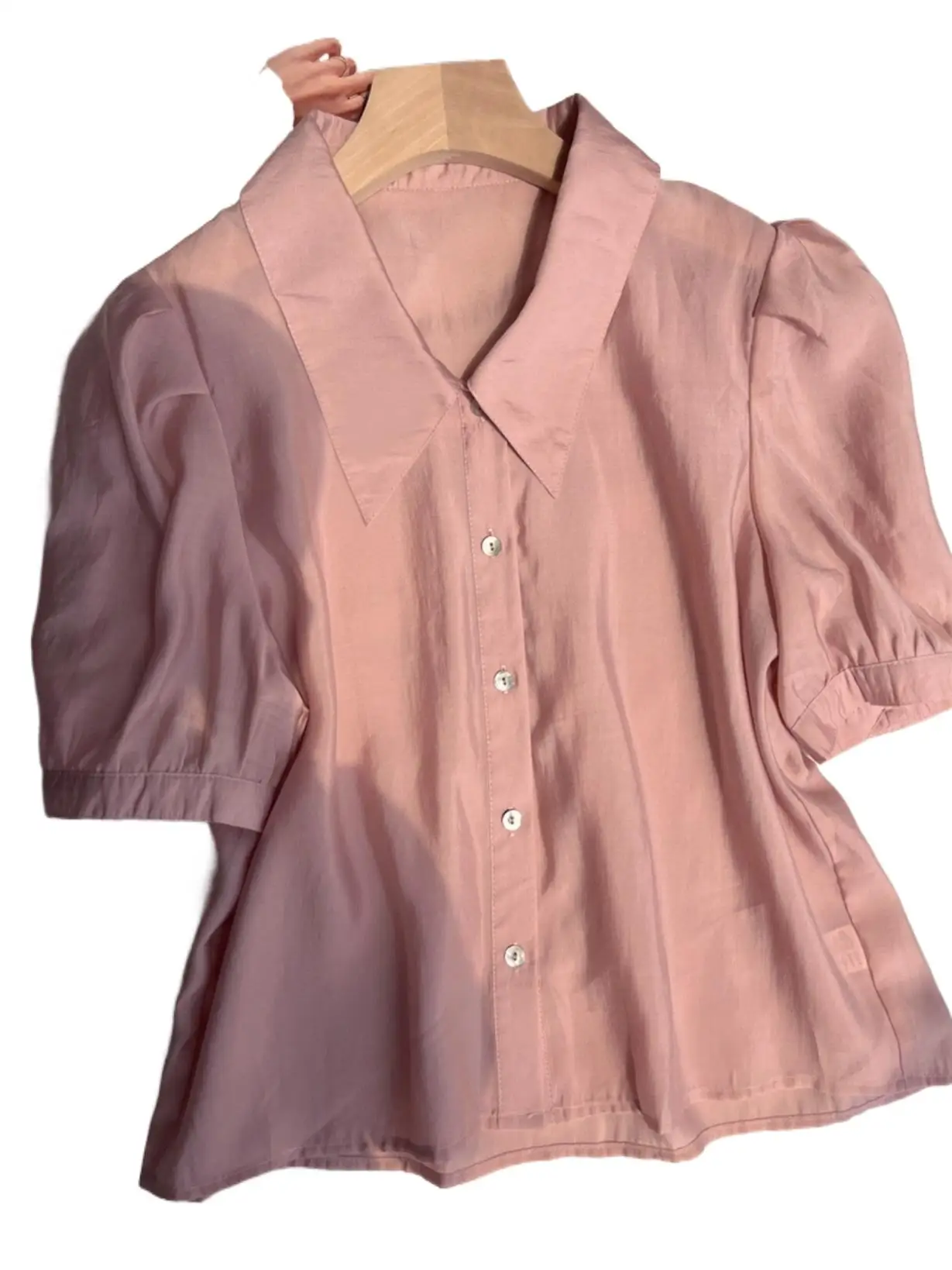 

New Summer Girlish Rayon Turn-down Collar Crop Tops Puff Sleeves Simplicity Solid Color Comfortable Prairie Chic Shirts Blouses