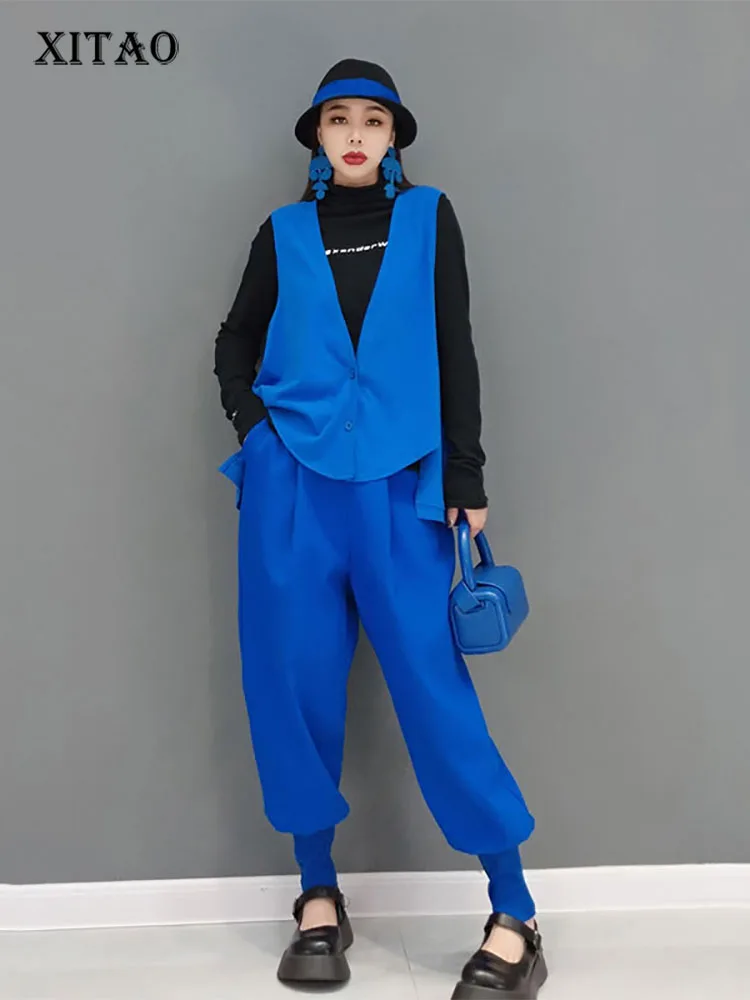 

XITAO Fashion Casual Pants Sets Solid Color Temperament V-neck Collar Vest Loose Long Pants Two Piece Suit New Women WMD4685