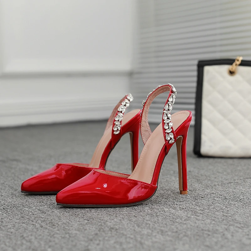 

Сандалии женские на высоком каблуке, босоножки с острым носком и ремешком сзади, туфли-лодочки с кристаллами, розовые, красные, черные, на ле...