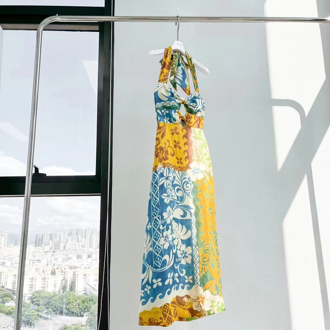 

Women Halter Neck Backless Linen Dress 2023 new Lady Sleeveless Baroque Print Holiday dress