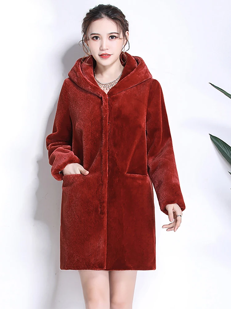 Nerazzurri Winter Women Faux Fur Coat with Hood Long Sleeve Red Black Warm Soft Plush Fluffy Jacket Casual Korean Style Fashion