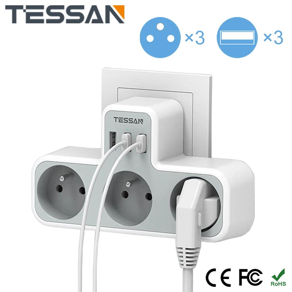 

TESSAN EU Wall Socket Extender with 3 French Sockets & 3 USB Ports, Multiple Plugs Power strip with Overload Protection for Home