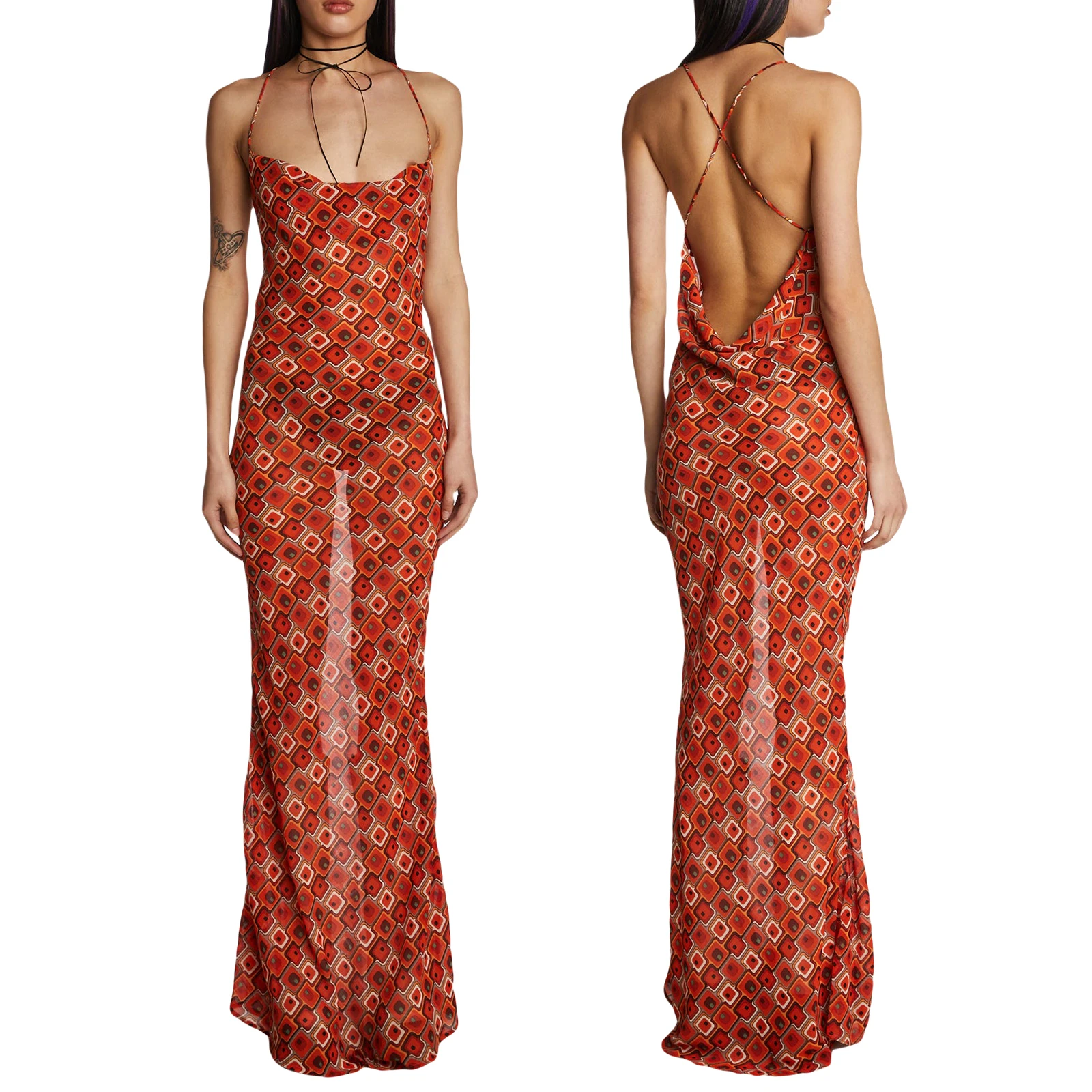 

Винтажное платье-макси на бретельках, с открытой спиной и геометрическим принтом