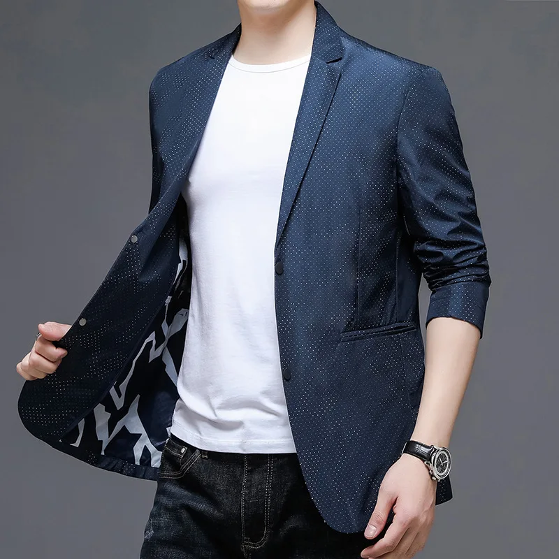 

HOO 2022 Men's New Casual Polka Dot Printed Suit Youth Double Buckle Spring and Autumn Thin Slim Fit blazer
