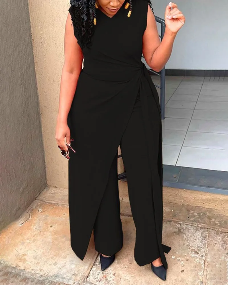 

Tied Detail Asymmetrical Work Jumpsuit Women Spring Summer Overall Pants Jumpsuits High Waist Sleeveless Solid Color