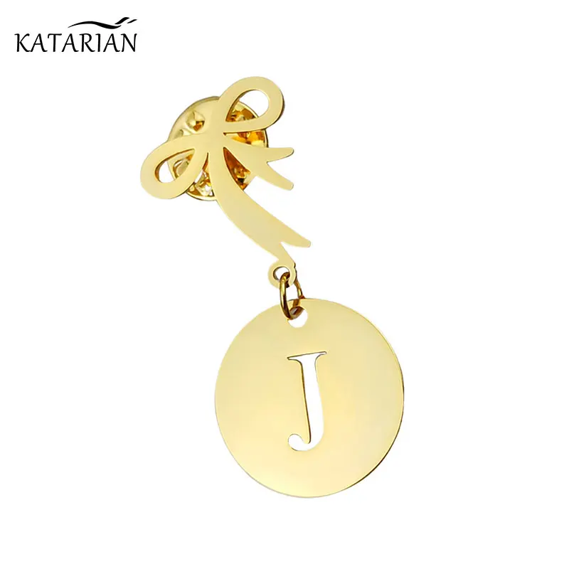 

Brooch Gold Bowknot Brooch Stainless Steel Brooch Round Lettering A-Z Pin For Women Gift Handmade Clothing Accessorie