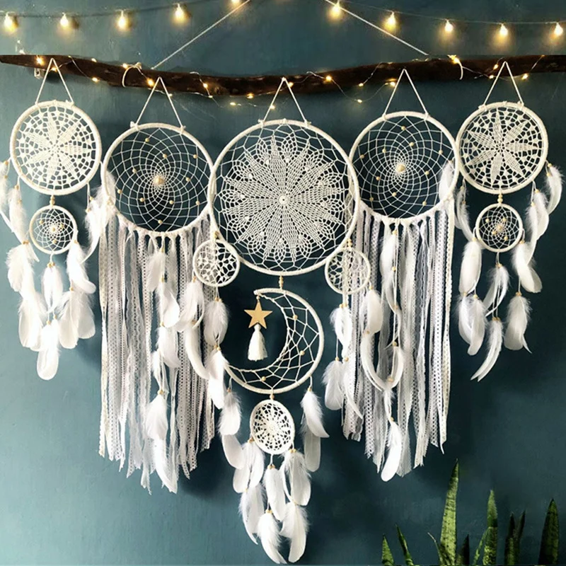 

5pcs/set Dream Catchers Boho Iron Ring Feather Home Decor Macrame Wall Hangings Moon Ramadan Nordic Room Party Ornament Supplies