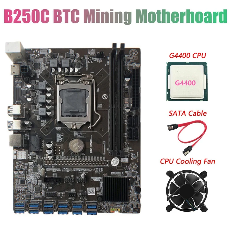 

B250C BTC Mining Motherboard with G4400 CPU+Fan+SATA Cable 12XPCIE to USB3.0 GPU Card Slot LGA1151 Supports DDR4 RAM