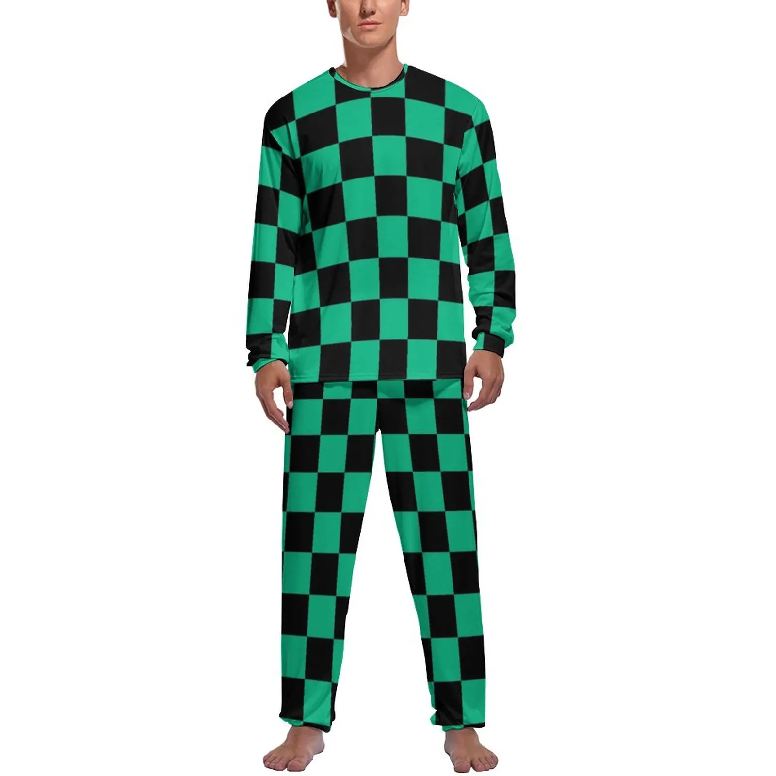 

Green And Black Checkerboard Pajamas Men Retro Square Kawaii Sleepwear Winter Long Sleeves 2 Pieces Home Graphic Pajama Sets