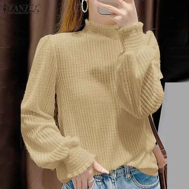 

ZANZEA Spring Women Tops Fashion Puff Sleeve Pleated Blouse Turtleneck Female Elegant Work OL Blusas Femininas Solid Chemise