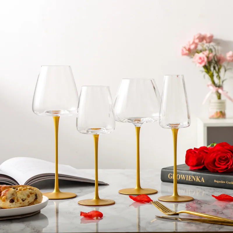 

Transparent Crystal Red Wine Glasses Concave Bottom Gold Stem Goblet Bar Banquet Bordeaux Glass Wedding Party Champagne Cup Gift