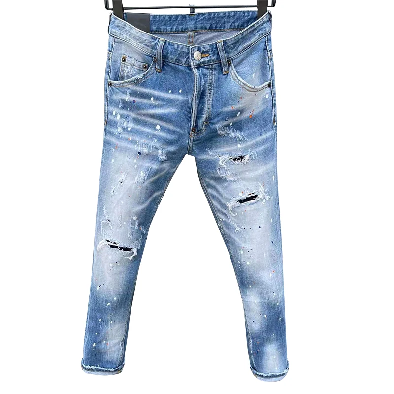 Starbags dsq four season jeans men's strong water wash hole paint dot hip hop casual fit elastic model fashion men's pants