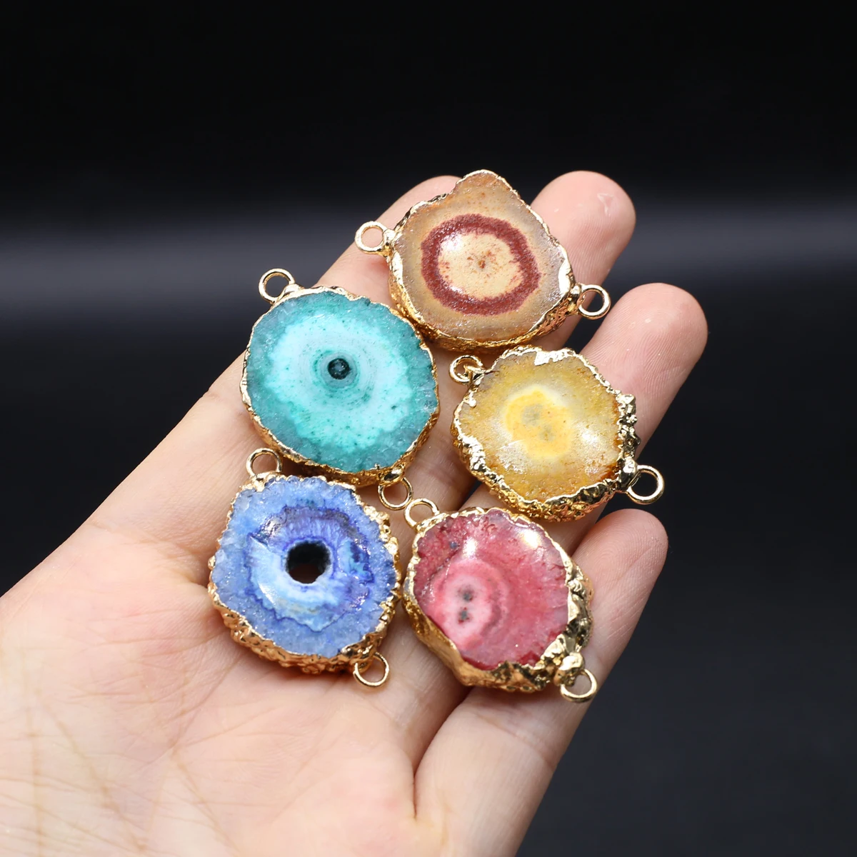 

Natural Stone Agate Druzy Pendants Gold Plated Slice Druzy Double Hook Connectors for Jewelry Making Diy Necklace Bracelet