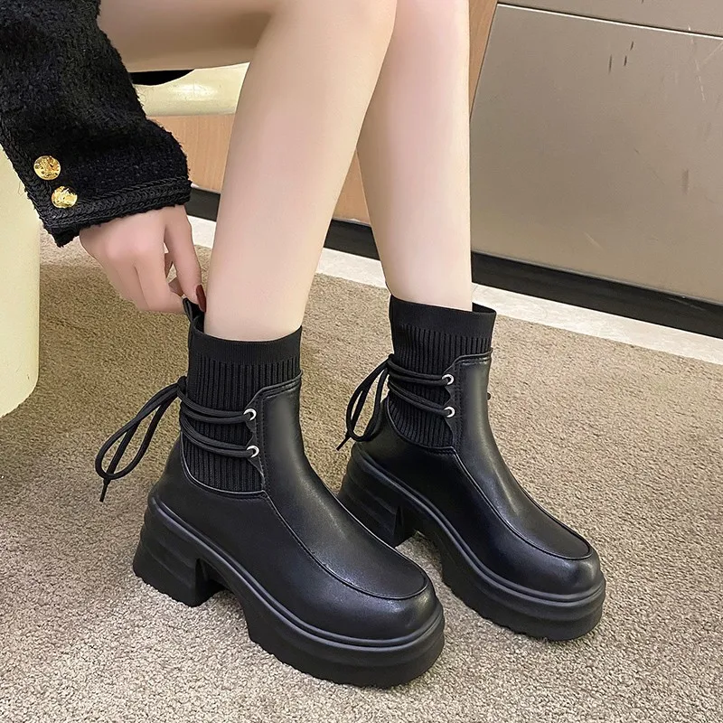 2023 Women Ankle Boots Chelsea Plush Warm Soft Sole Ladies Round Chunky Lace Up Winter Female Platform Shoes 35-39