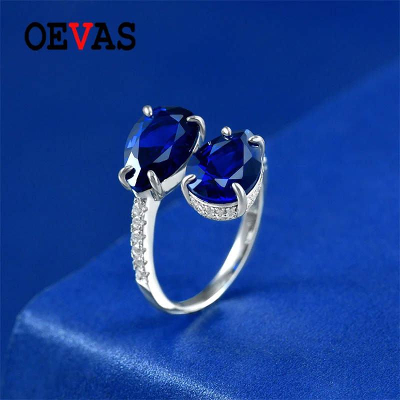 

OEVAS 100% 925 Sterling Silver 8*12 Water Drop Blue Open Ring For Women Sparking High Carbon Diamond Wedding Fine Jewelry