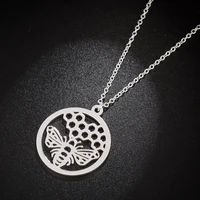 tulx stainless steel round circle pendant necklace honeycomb honey bee necklace for women cute animal jewelry