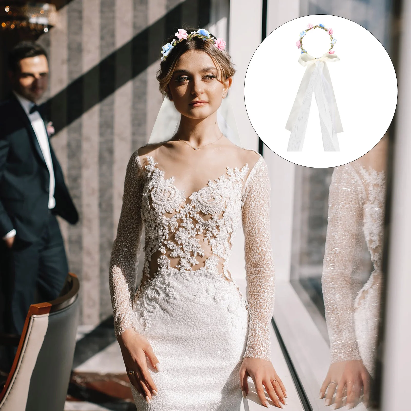 

Flower Wedding Headband Bridal Floral Hair Veil Headpiece Wreath Pearl Vine Bohoribbon Garland Pieceshower Communion Rose