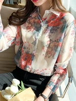 big floral print chiffon women shirt long sleeved loose korean fashion women ladies tops button up camisas mujer dropshipping
