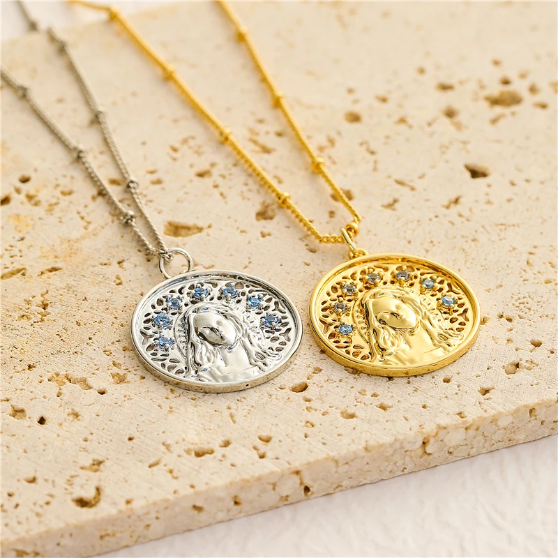 

HECHENG, Sea Blue Crystal Necklace Goddess Portrait Pendant Necklace for Women Girls Wedding Jewelry