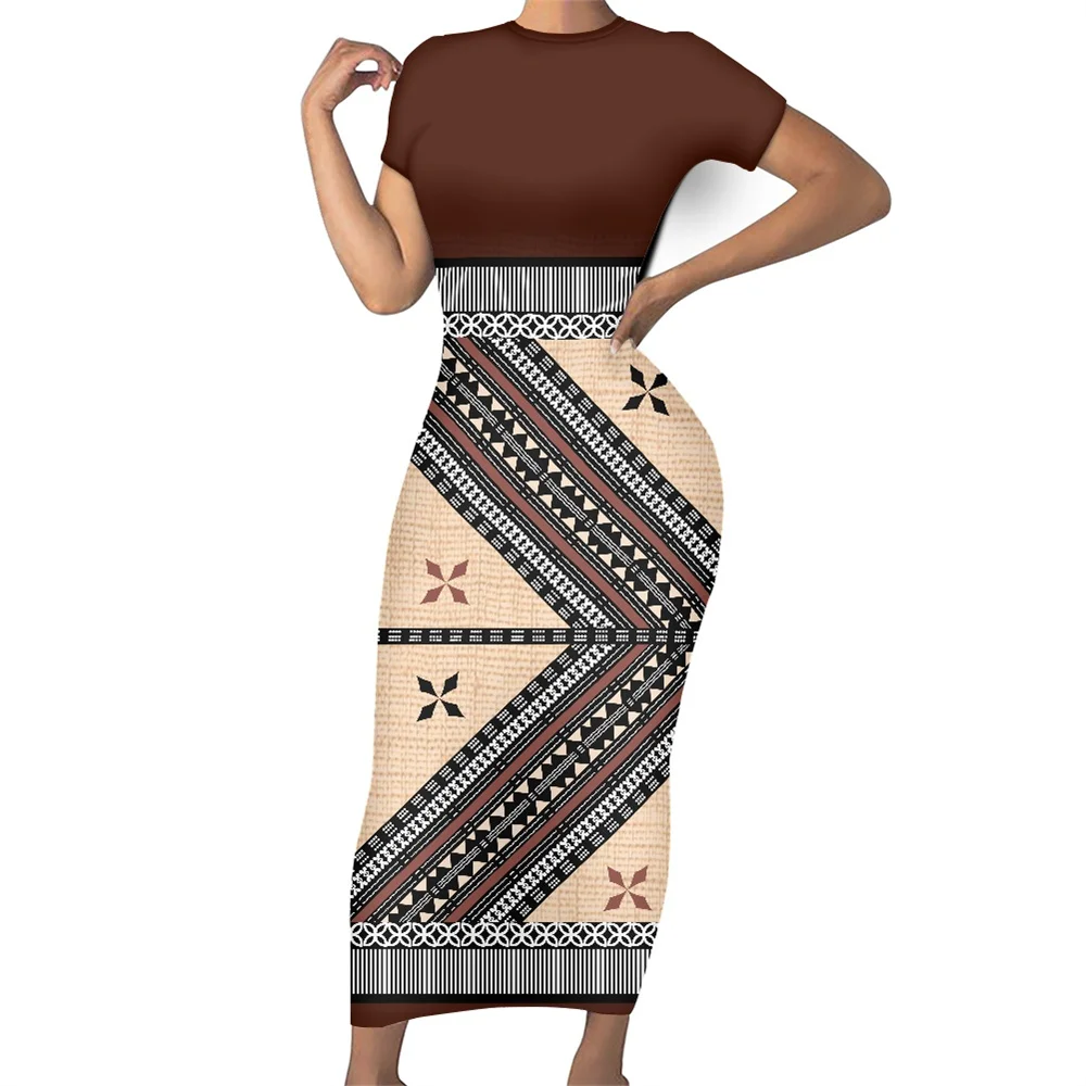 Print On Demand Casual Dress Polynesian Samoa Traditional Tapa Flower Tribal Print Club Dress O-neck Bodycon Custom Long Dresses