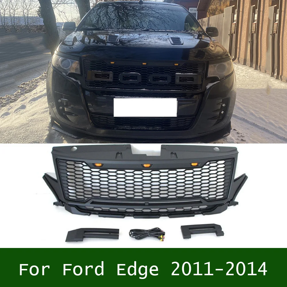 

For Ford Edge 2011-2014 Car Front Bumper Grilles Upper Racing Grills Grille Modified Raptor Style Mesh With LED Light Grill