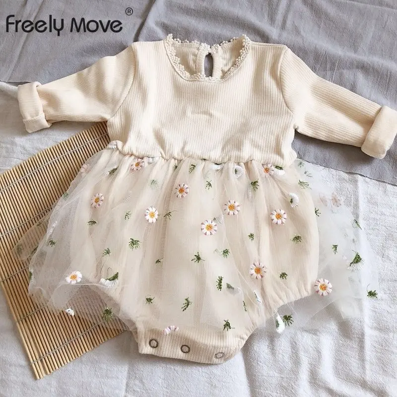 

Freely Move 2023 Spring New Princess Toddler Baby Girls Knit Romper Cute Long Sleeve Crewneck Bodysuits Floral Mesh Tutu Dress