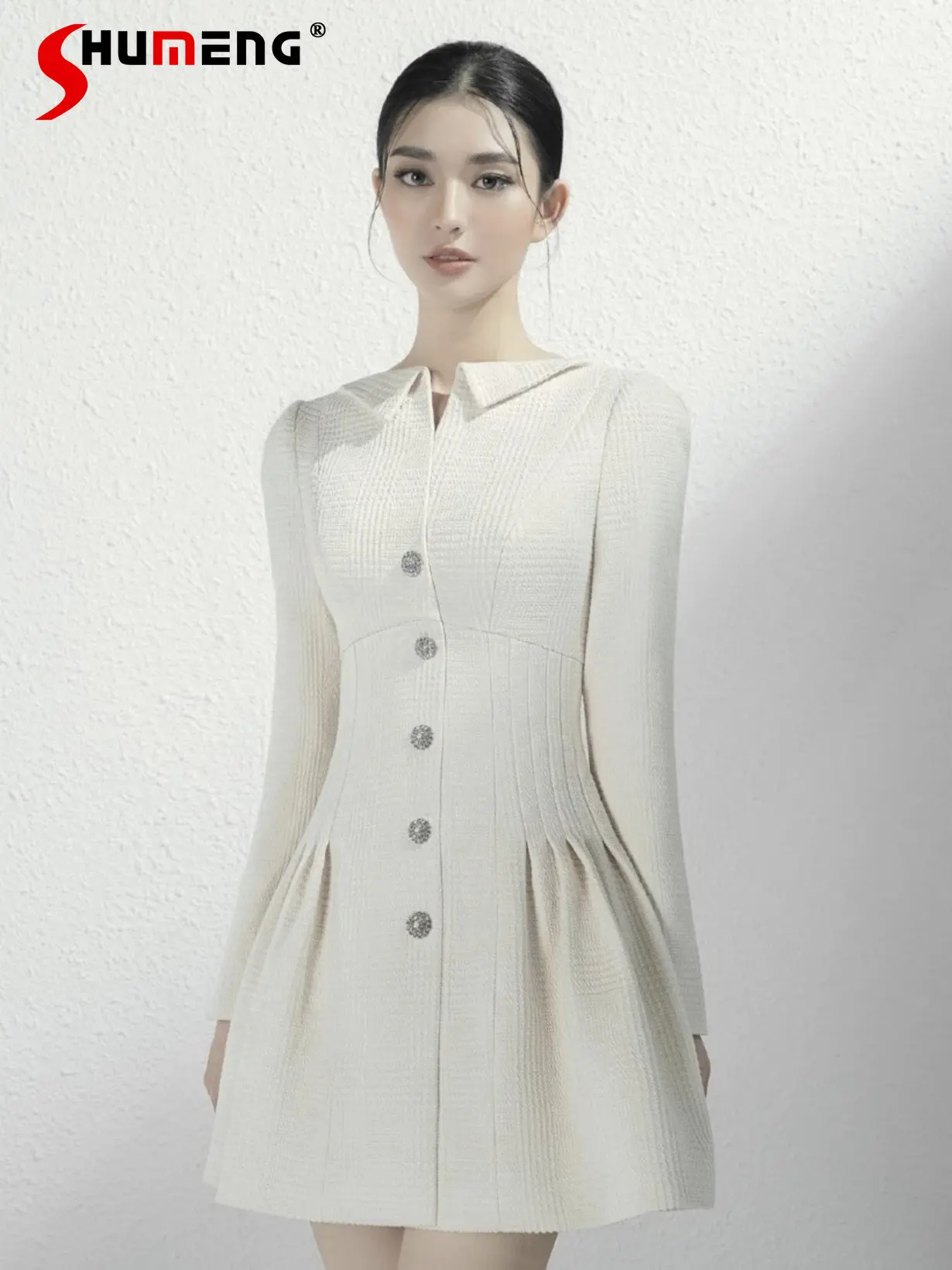 

Vietnam 2022 Winter New Fashion Elegant White Slimming Woolen Suit Dress Women's Office Lady Retro Trendy Above Knee Tweed Dress
