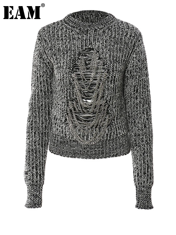 

[EAM] серый вязаный свитер с металлическими цепочками и отверстиями, женские пуловеры с круглым вырезом и длинными рукавами, новая мода, Осень...